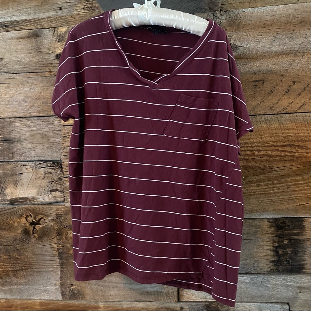 Roolee Maroon Striped V Neck Tee